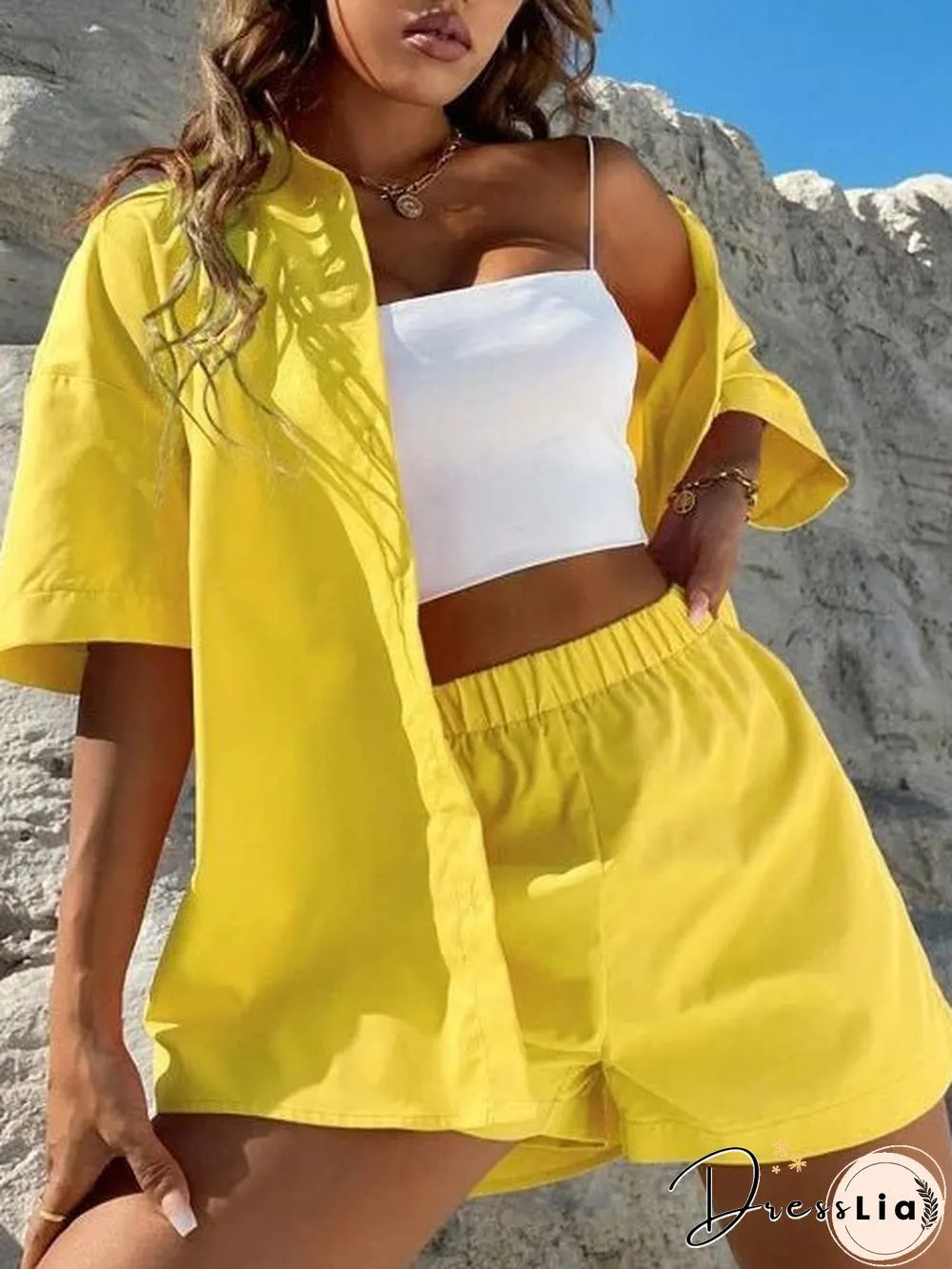 Women'S Sets Solid Dropped Shoulder Shirt & Shorts Two-Piece Set