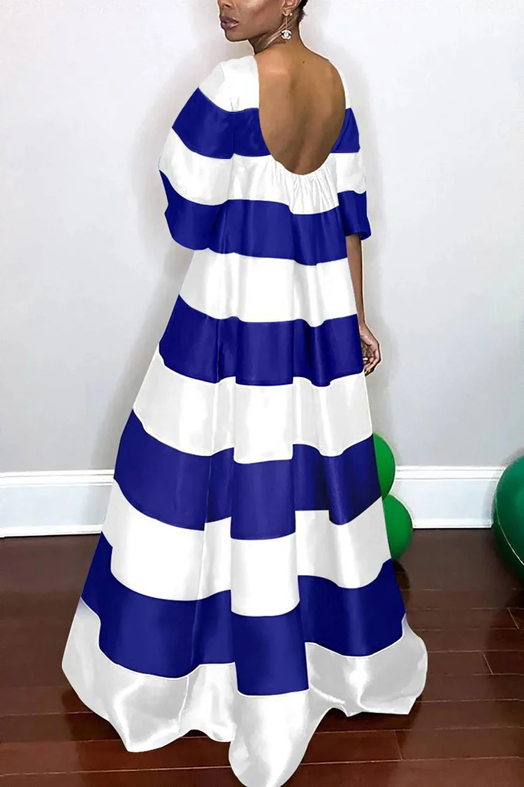 Plus Size Formal Rainbow Royal Blue Stripe  Short Sleeve Maxi Dresses [Pre-Order]