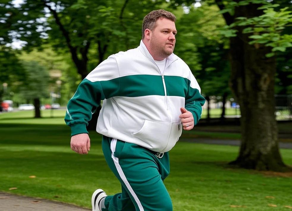 A big and tall man running in color-block 2-piece set