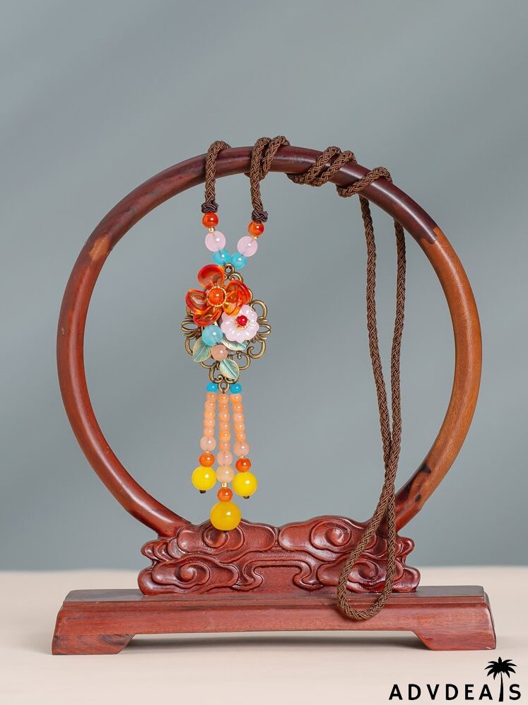Flower & Bead Tassel Charm Necklace