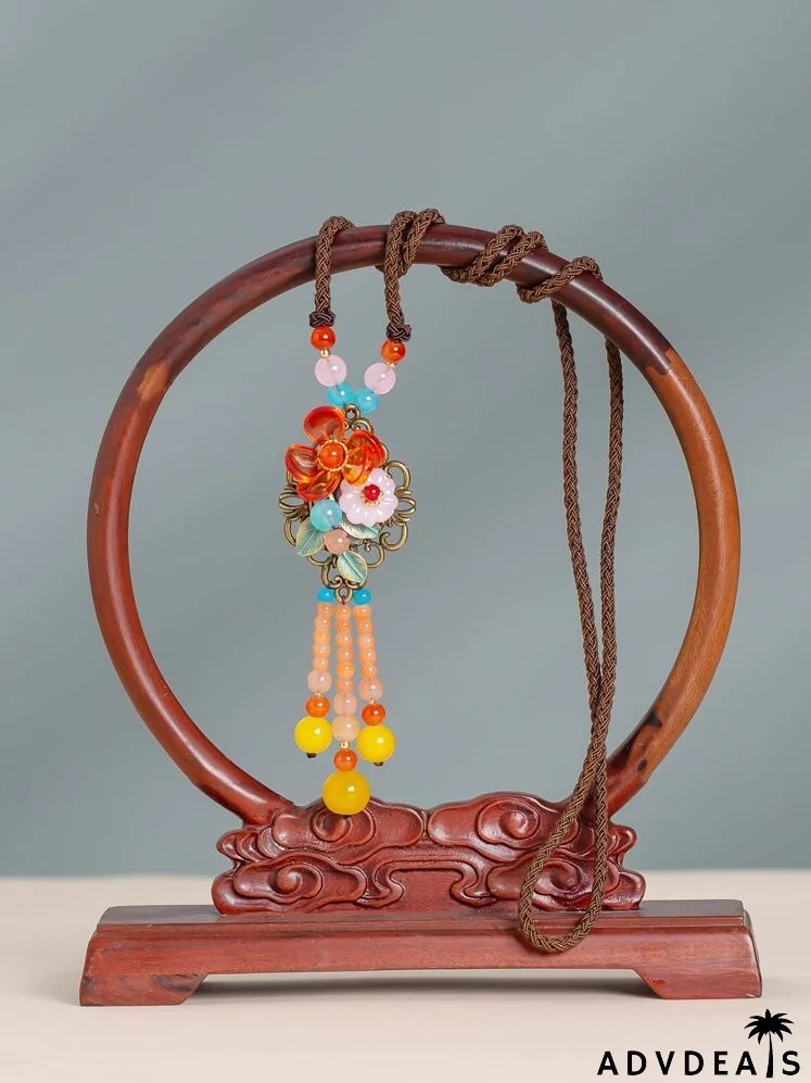 Flower & Bead Tassel Charm Necklace