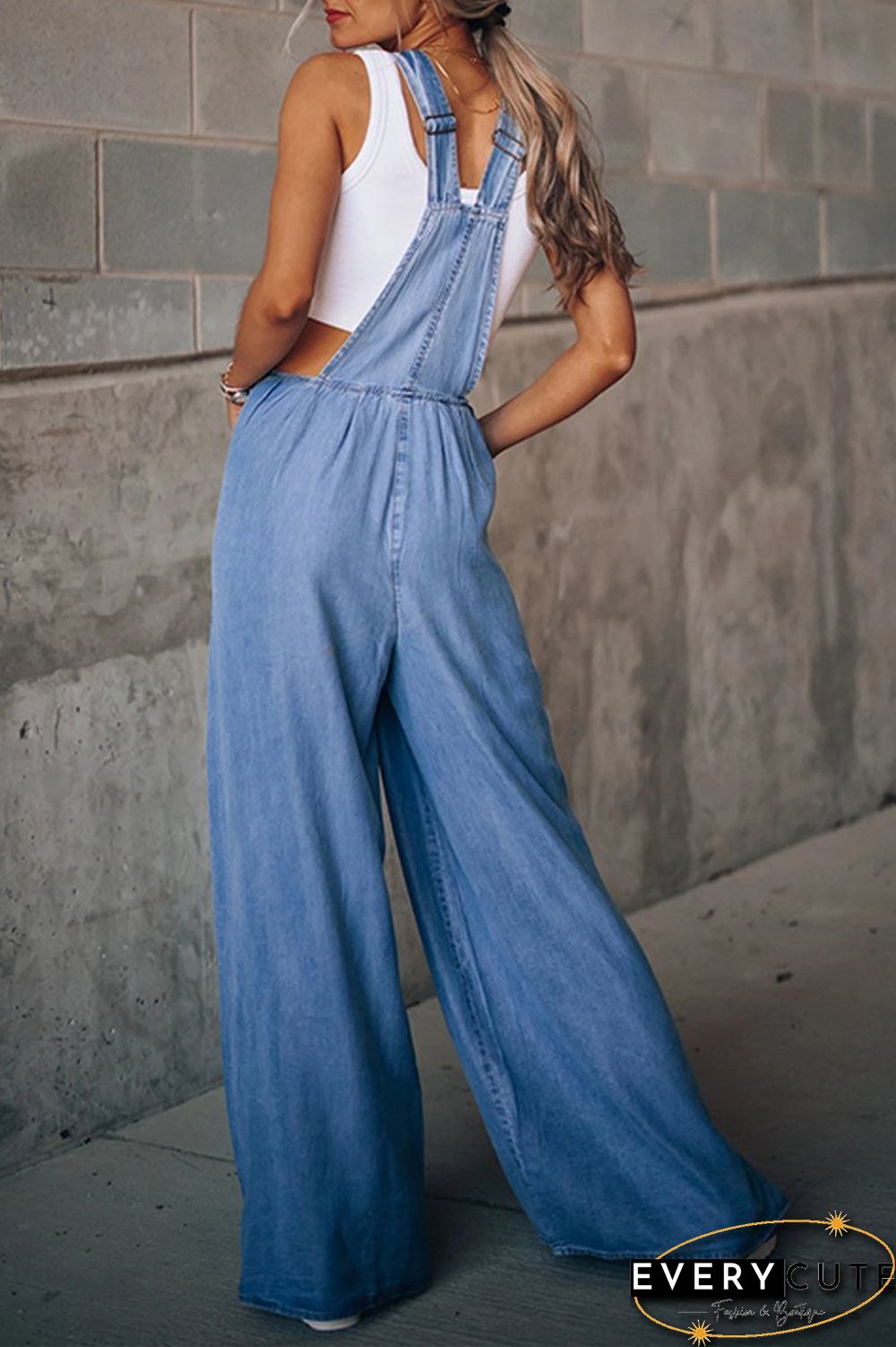 Denim Wide Leg Suspenders Jumpsuit