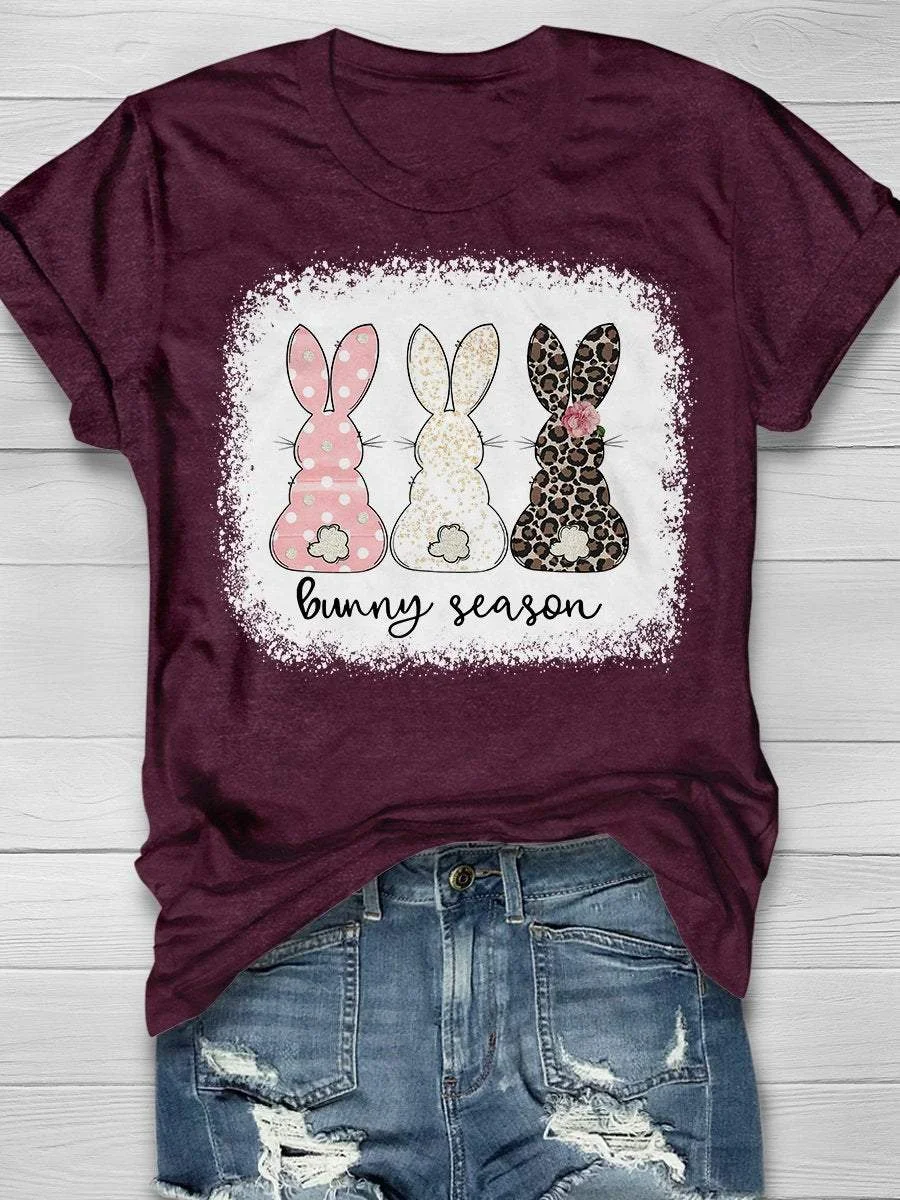 Leopard Floral Bunny Easter Print Short Sleeve T-shirt