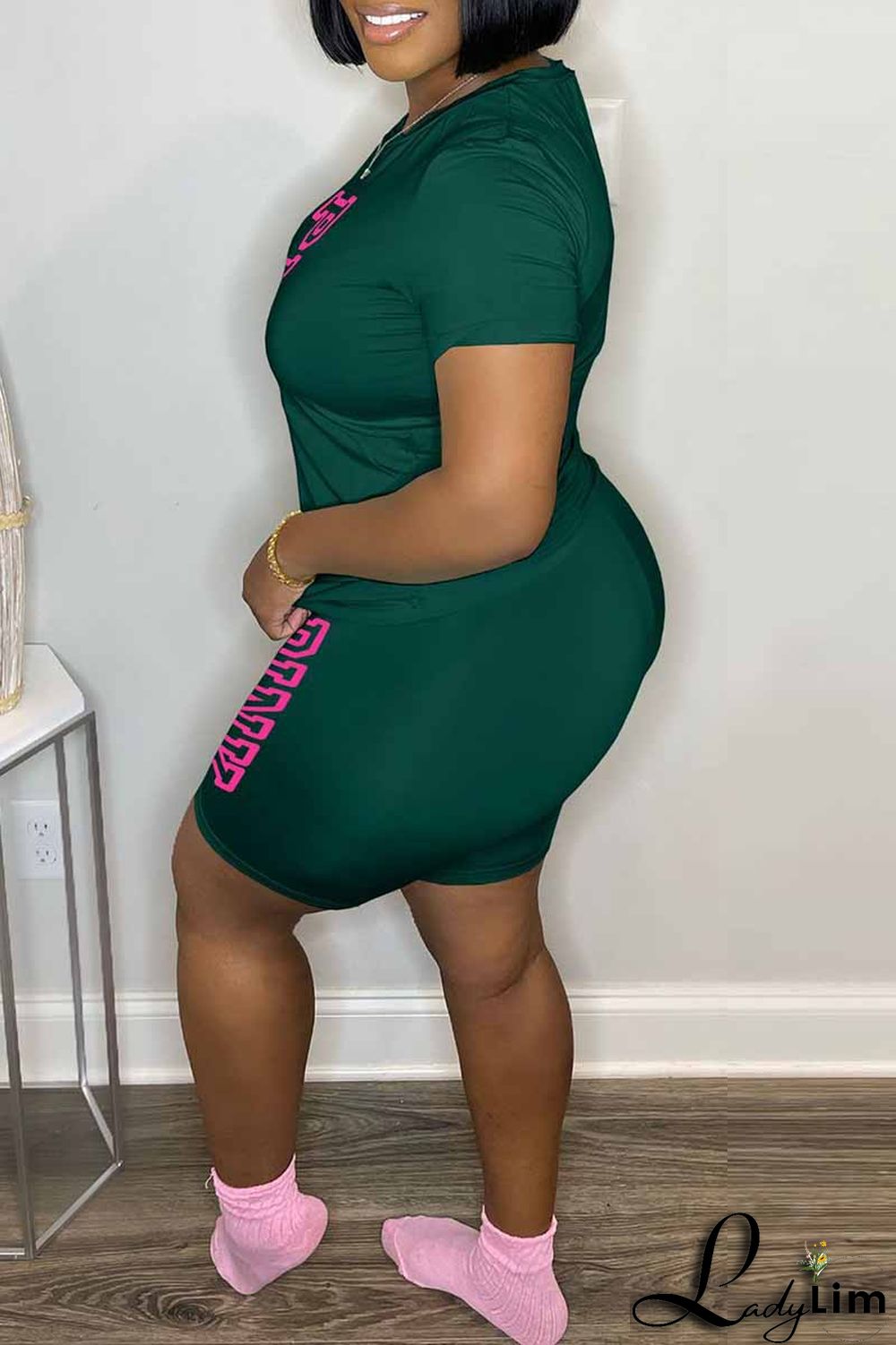 Blue Casual Print Letter O Neck Short Sleeve Two Pieces