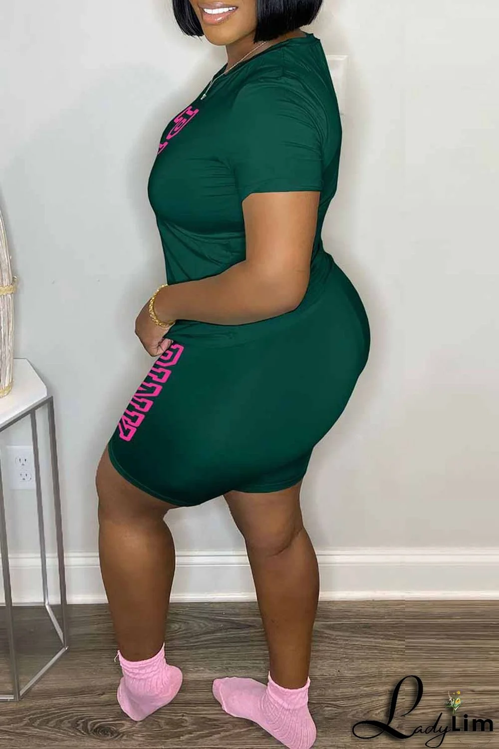 Blue Casual Print Letter O Neck Short Sleeve Two Pieces