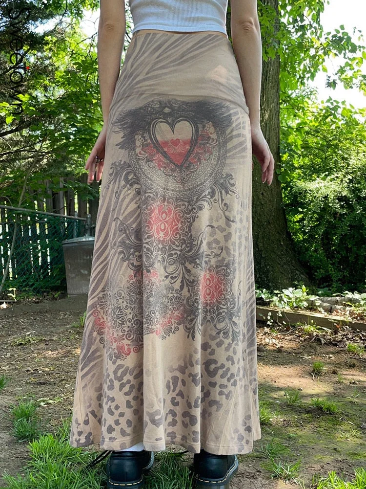 Sweetown Fairycore Grunge Y2K Midi Skirts Womens Vintage Floral Print Cute Girl Faldas Clothes Low Waist Kawaii Long Skirt 90s