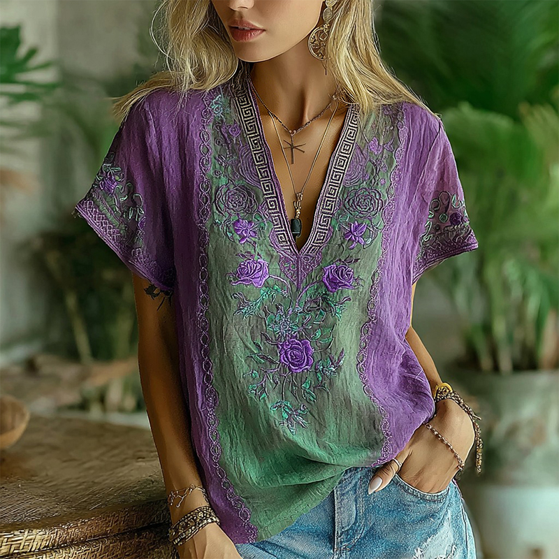 Women's Vintage Purple Floral Casual T-shirt elevenforest
