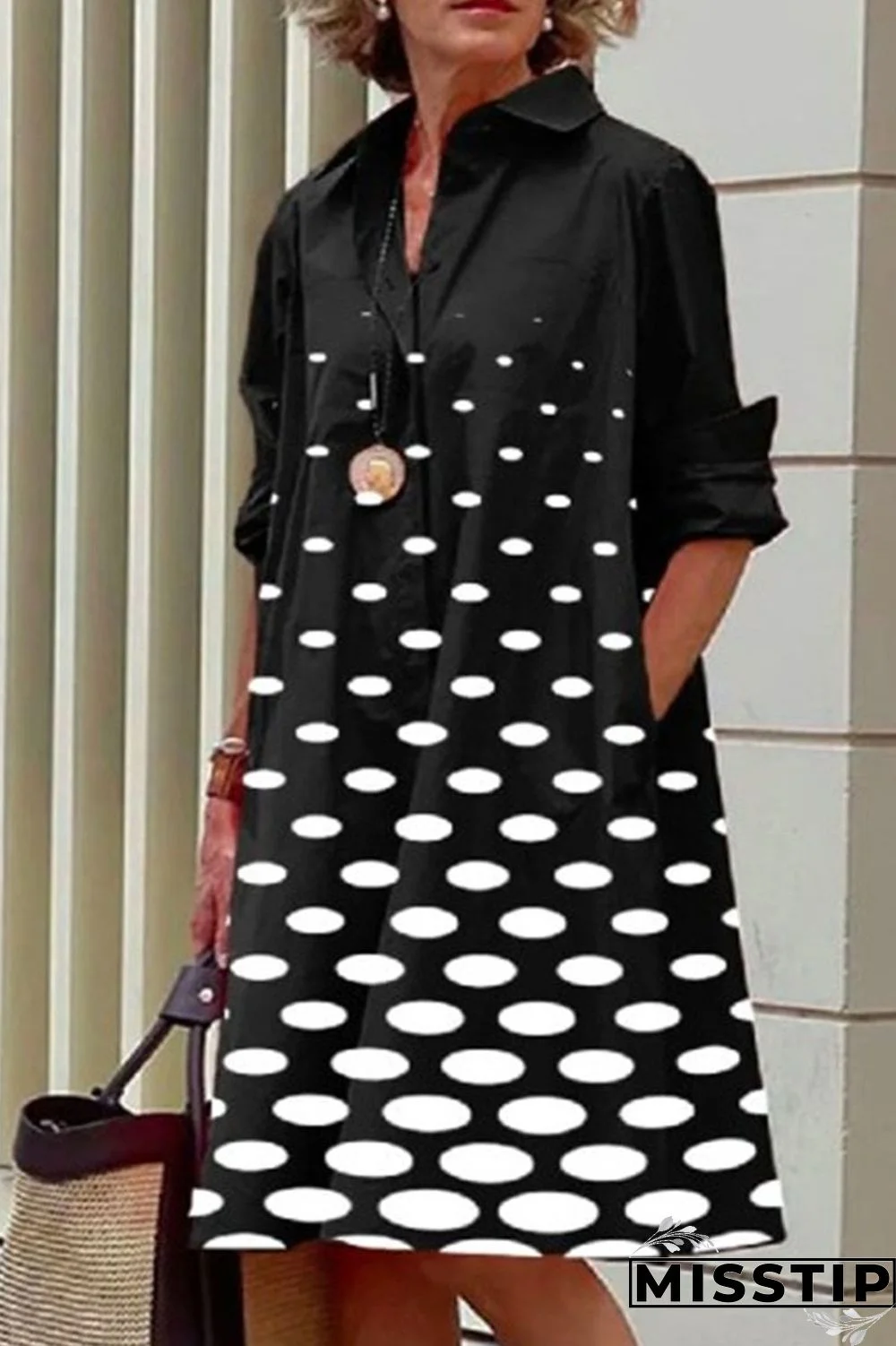 Matte Black Casual Print Polka Dot Patchwork Buckle Turndown Collar Shirt Dress Dresses