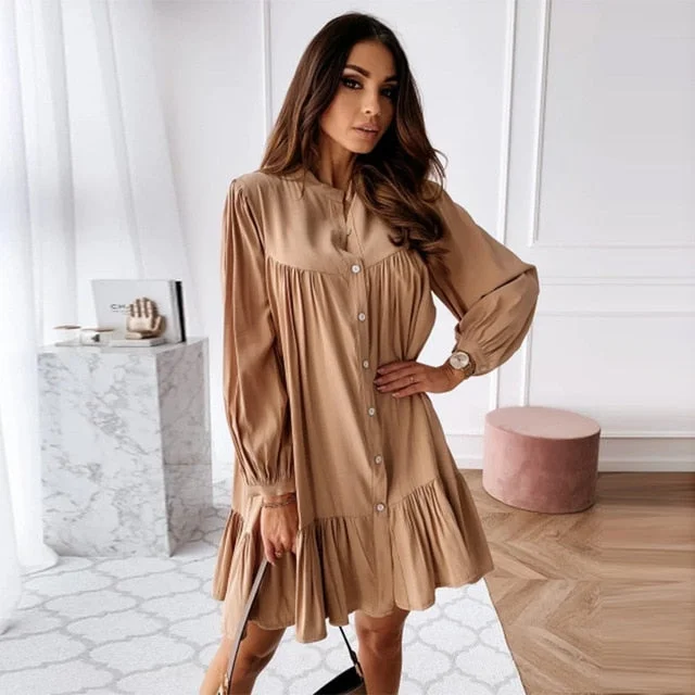 Long Sleeve Stand Collar Solid Elegant Casual Mini Dress