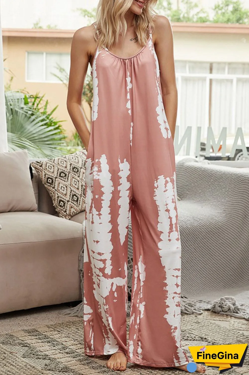 Fashion Casual Print O Neck Loose Jumpsuits