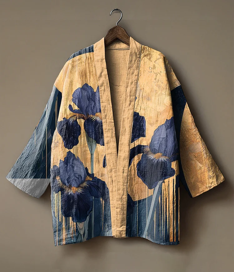 Abstract print embroidered linen cardigan kimono