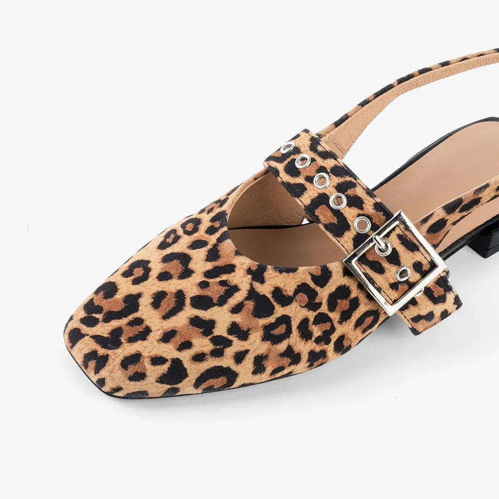 Brown & Black Square Toe Leopard Print Slingback Flats with Grommet