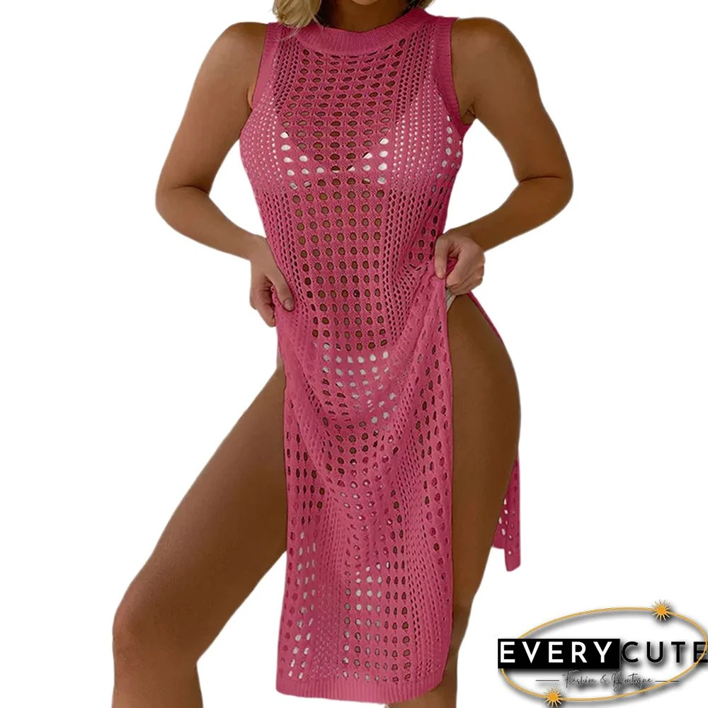 Rosy Hollow-out Crochet Sleeveless High Split Beach Cover
