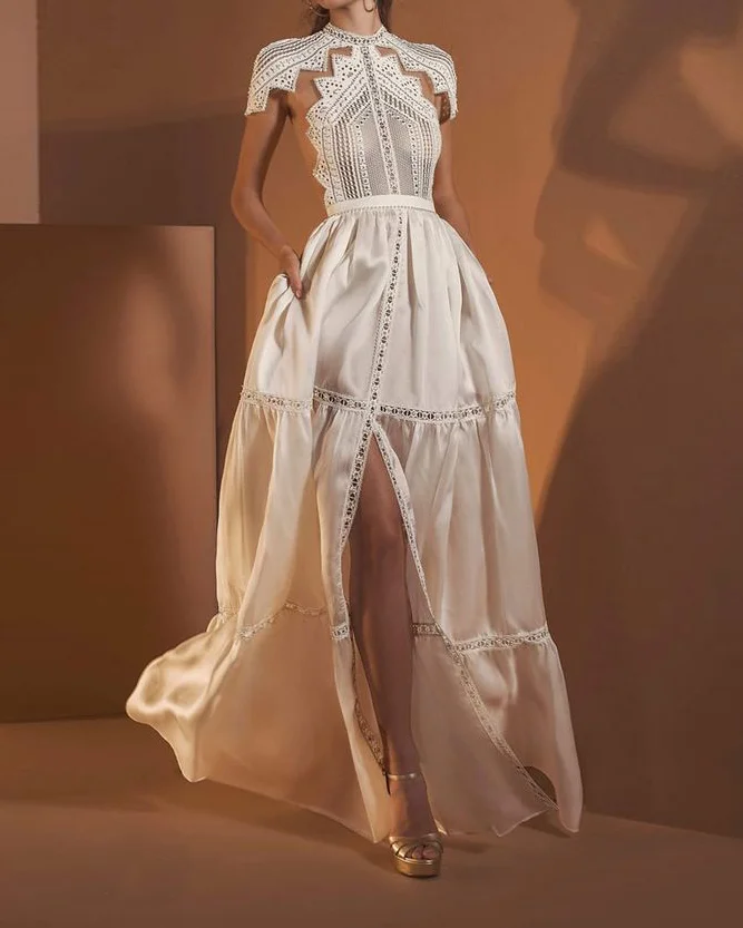 Women's Mesh Stitching Satin Slit Dress