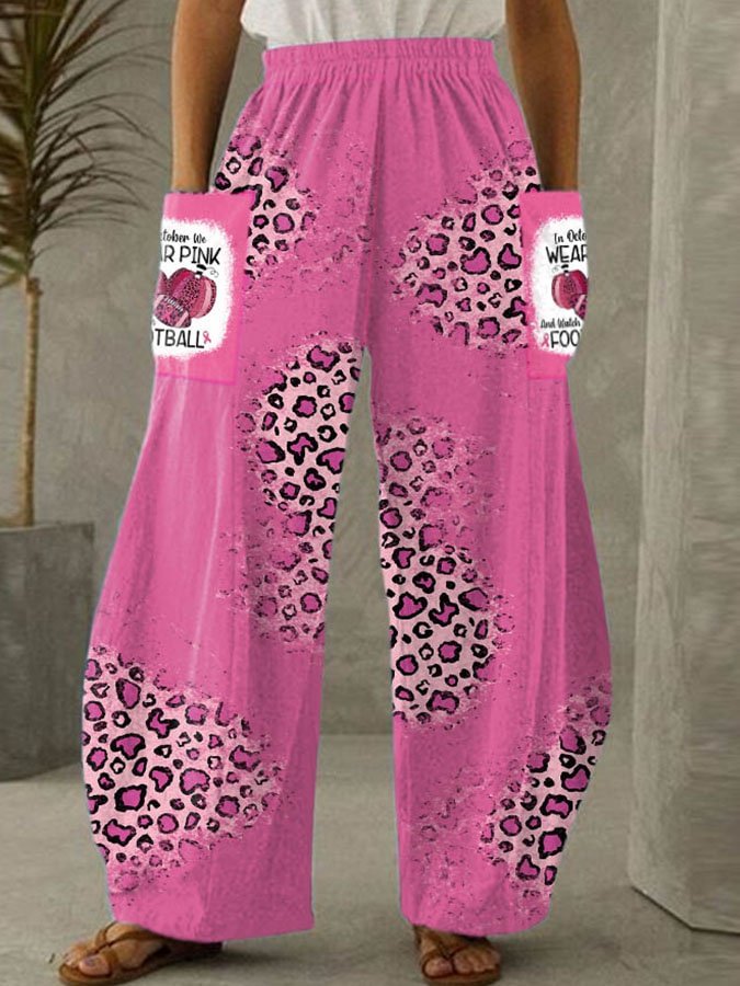 In October We Wear Pink And Watch Football Leopard Print Wide Leg Pants
