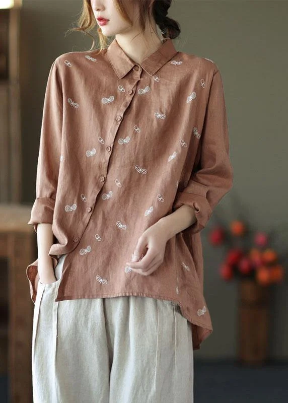 Chic Khaki Peter Pan Collar Button Fall Asymmetrical Design Top Long Sleeve