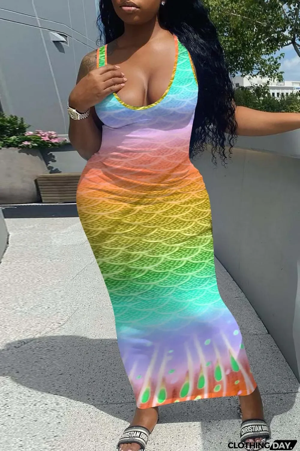 Blue Fashion Sexy Gradual Change Print Basic U Neck Vest Dress