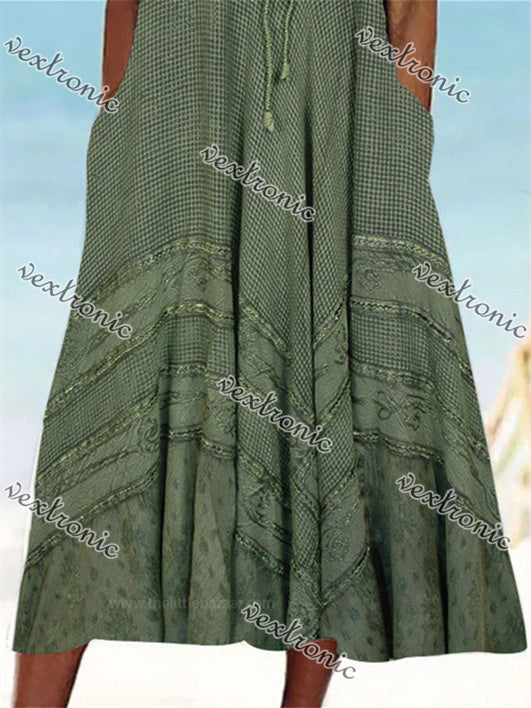 Women's Sleeveless Scoop Neck Pockets Graphic Printed Midi Dress