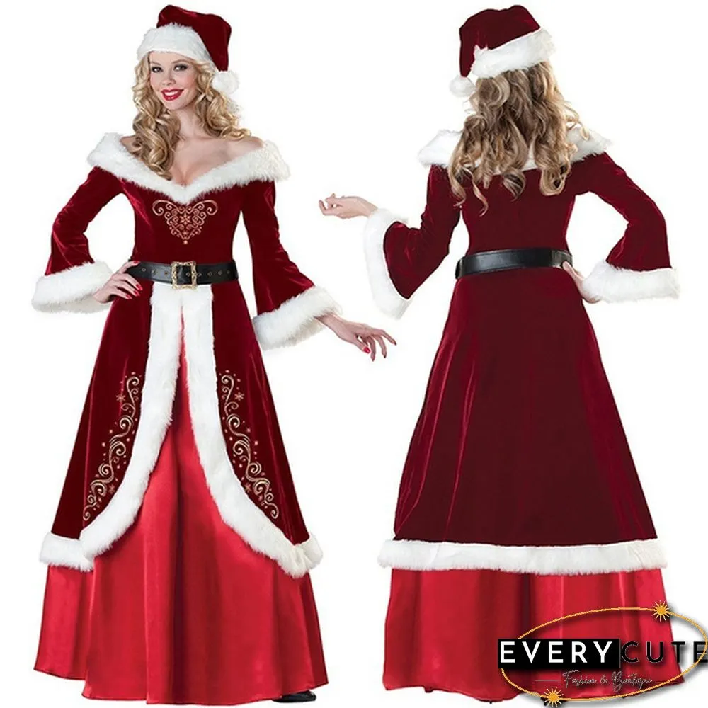 Christmas Cosplay Party Velour Long Sleeve Robe Santa Claus Costumes for Adult Women