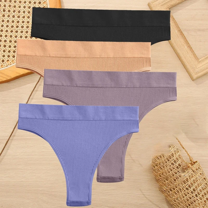 FINETOO 4PCS/Set Women Seamless Pantys Girls Thongs High Waisted Soft Woman Briefs 10 Solid Colors S-XL Sexy Underpant For Women