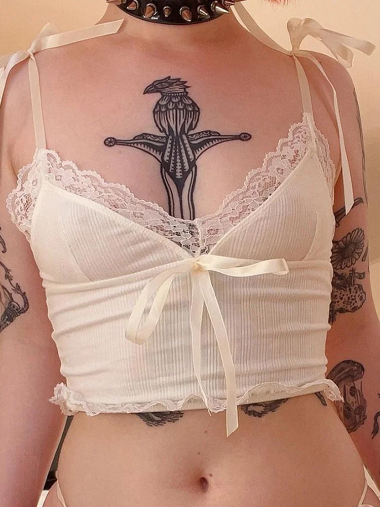 Women Summer Backless Beach Lace Trim Crop Top White Bow Cute Sweet Mini Vest Knitted Basic Casual Tee