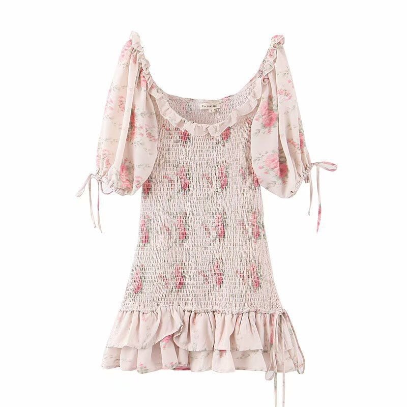 2021 Summer Floral Print Elastic Ruched Dress Sexy Women Short Puff Sleeve Slim Mini Dresses French Ruffles Hem Holiday Robe