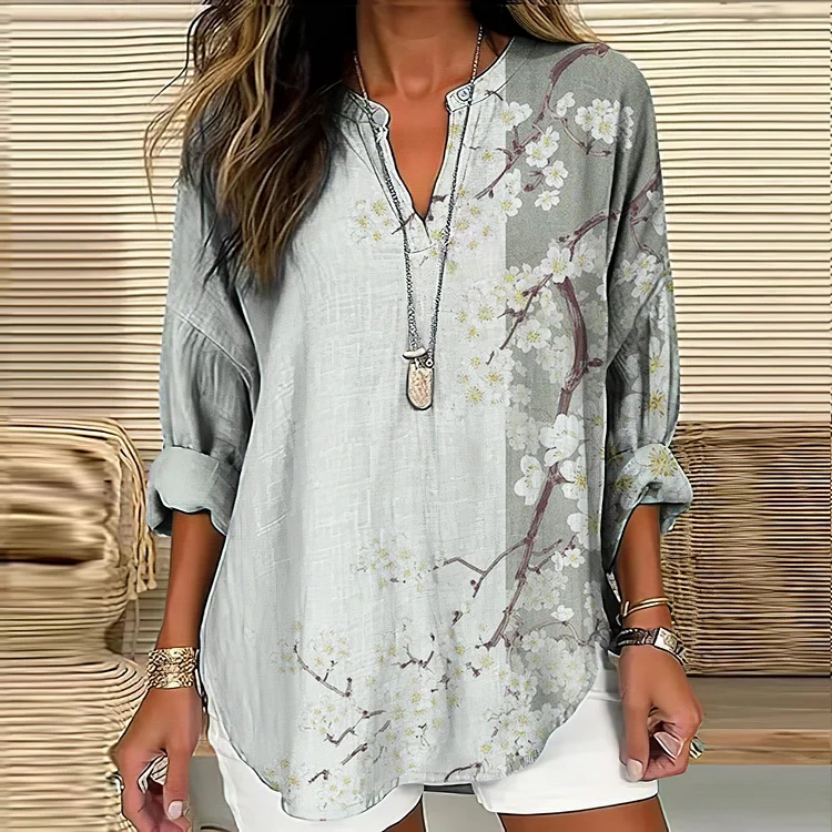 Vintage Floral Art Printed V Neck Casual Shirt