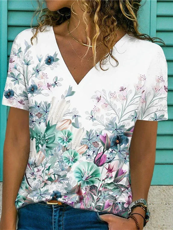 Women's Short Sleeve V-neck Graphic Floral Printed Top