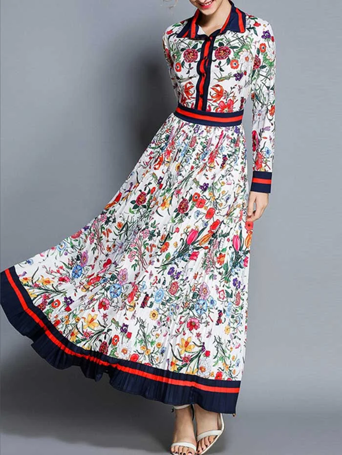 Women's new retro hit color print pleated long dress