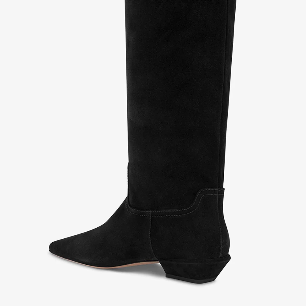 Vegan Suede Pointed Toe Flat Black Knee-High Boots for Women