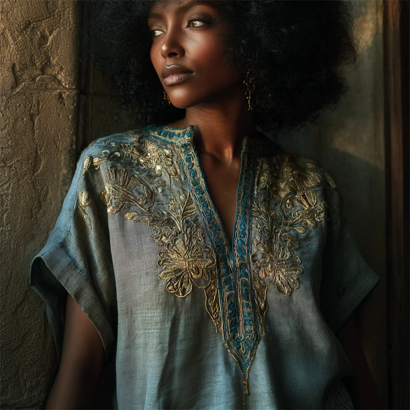 Ancient Egyptian Golden Floral Embroidered Flowy Linen Shirt