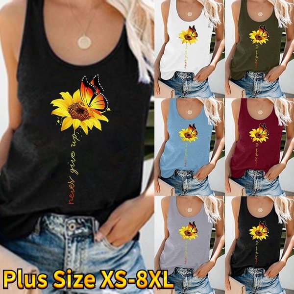 Women Tank Tops Sunflower Butterfly Print Never Give Up Letter Print Funny Sleeveless T-shirt Lady Girl Casual Camisole Vest Top Plus Size XS-8XL - Shop Trendy Women's Clothing | LoverChic