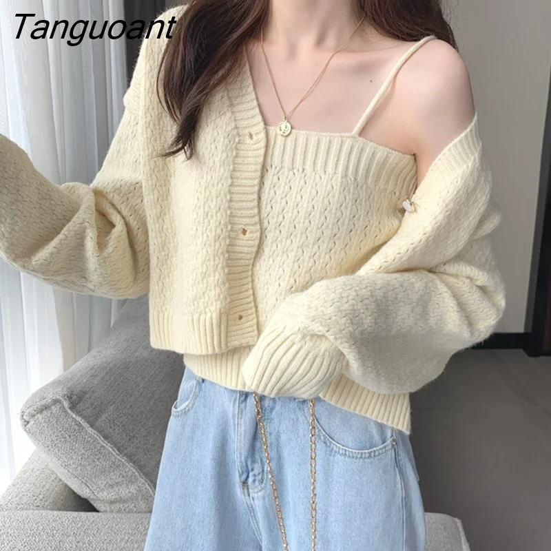 Tanguoant Autumn Women Knitted Two Piece Set Long Sleeve Loose Knitted Cropped Cardigan + Spaghetti Strap Camisole Top Clothing Set