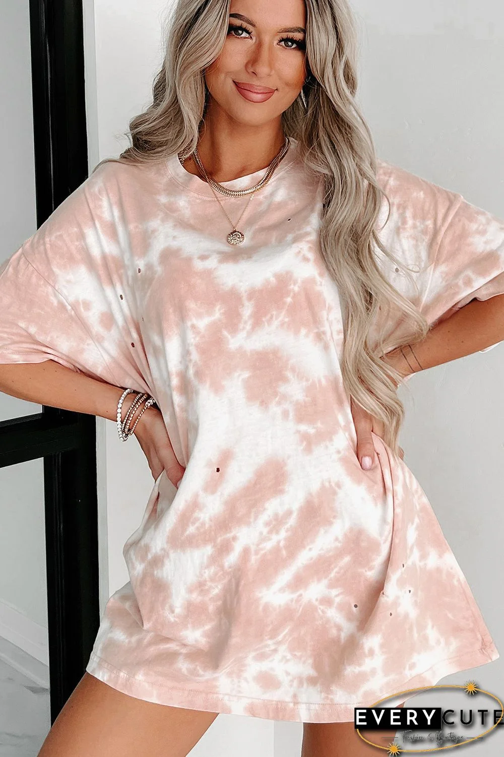 Pink Tie-dye Round Neck Short Sleeve Top