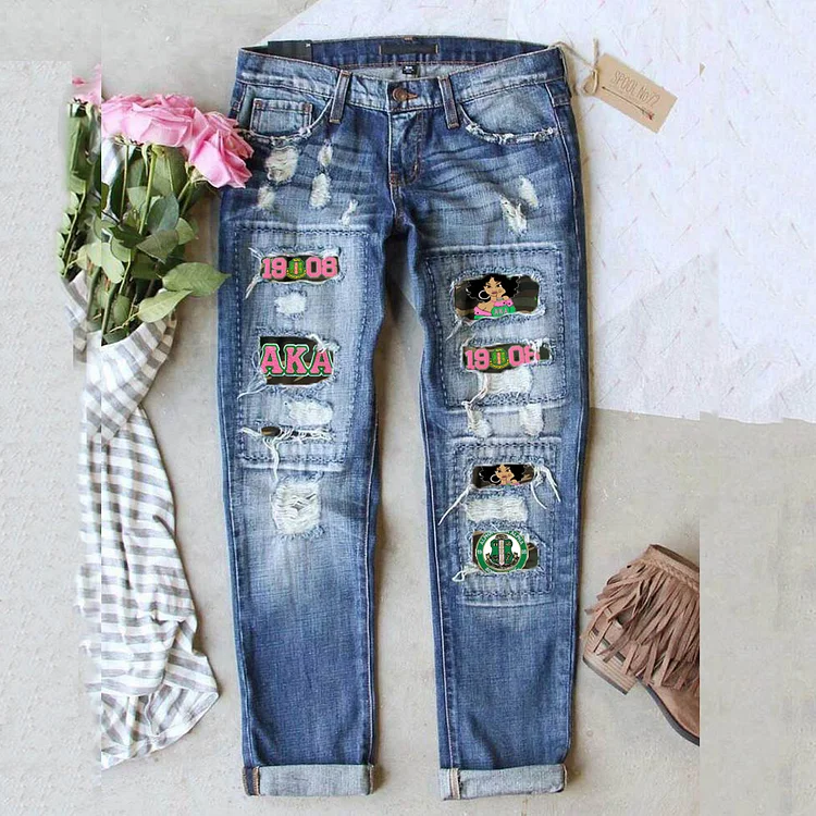 Fashionable Retro Distressed Printed Jeans