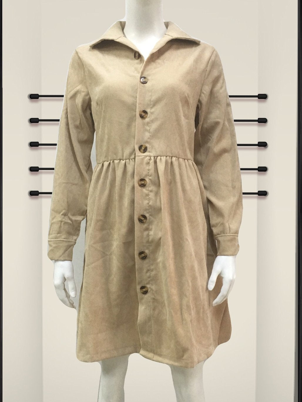 Women Long Sleeve V-neck Button Midi Dress