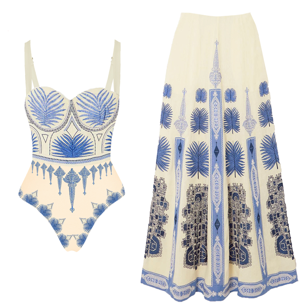 Blue Ethnic Print One Piece Swimsuits and Skirt Flaxmaker