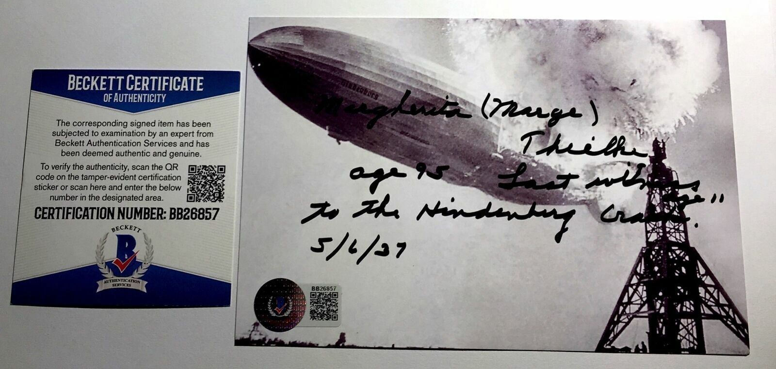 Marge Thielke Signed 4x6 Photo Poster painting Beckett BAS COA Witnessed Hindenburg Disaster AU