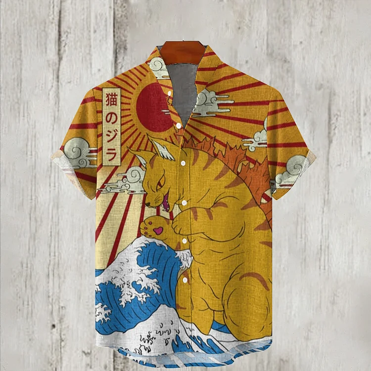 Abstract Creative The Great Waves And Catzilla Japanese Art Print Casual Short Sleeve Shirt