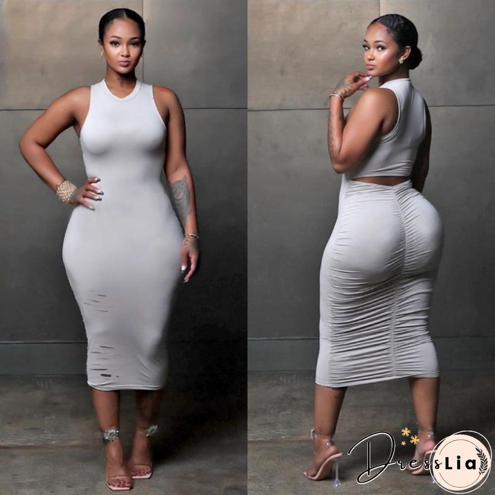 Solid Color Sleeveless Holes Draw Pleated Dresses