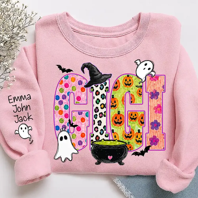 Custom Spooky Gigi Sweatshirt with Grandkids Names on Sleeve, Patterned Pumpkin Ghost Witch Hat Pullover