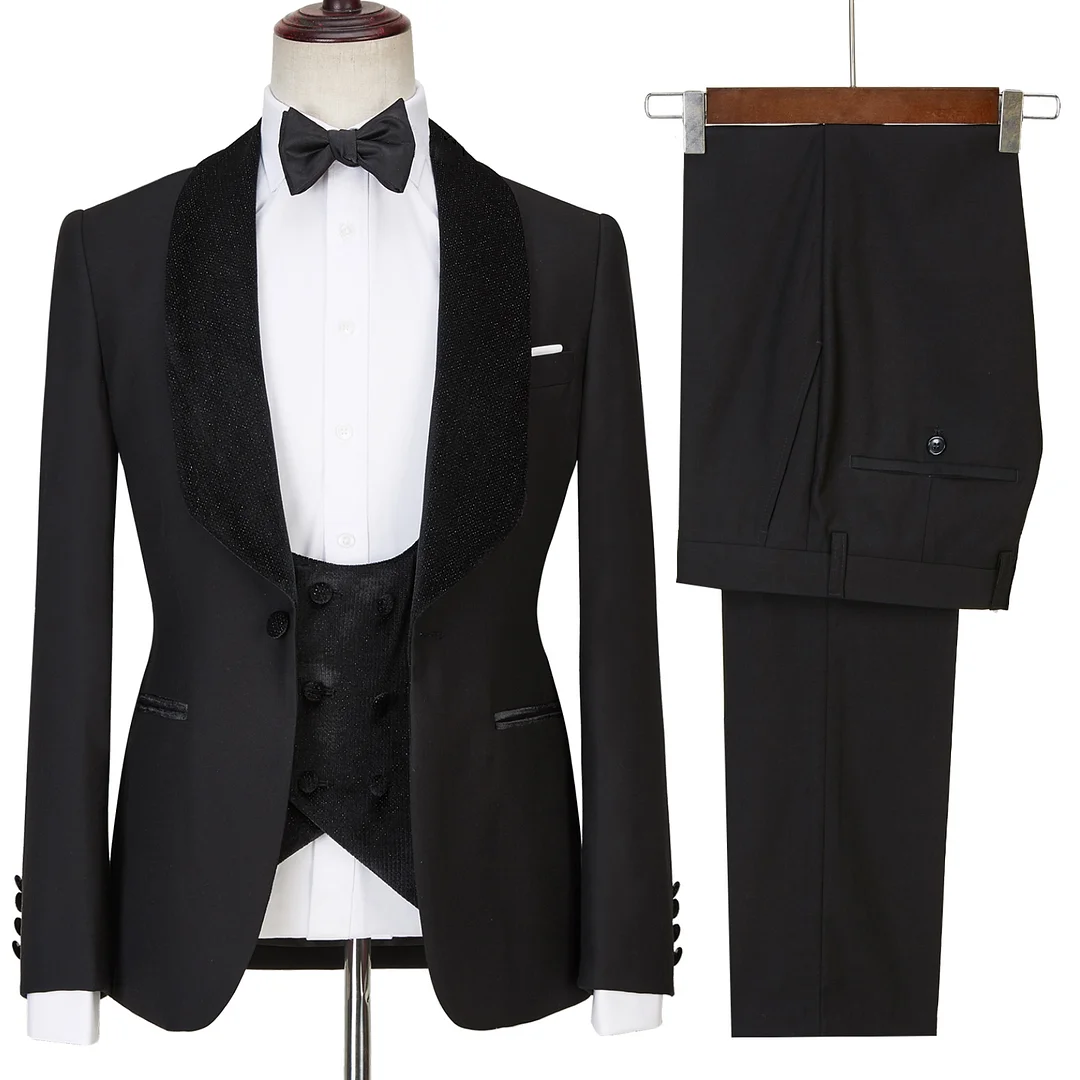 Miabel  Modern  Black  Shawl Lapel Three Pieces Sparkle Men Wedding Suits