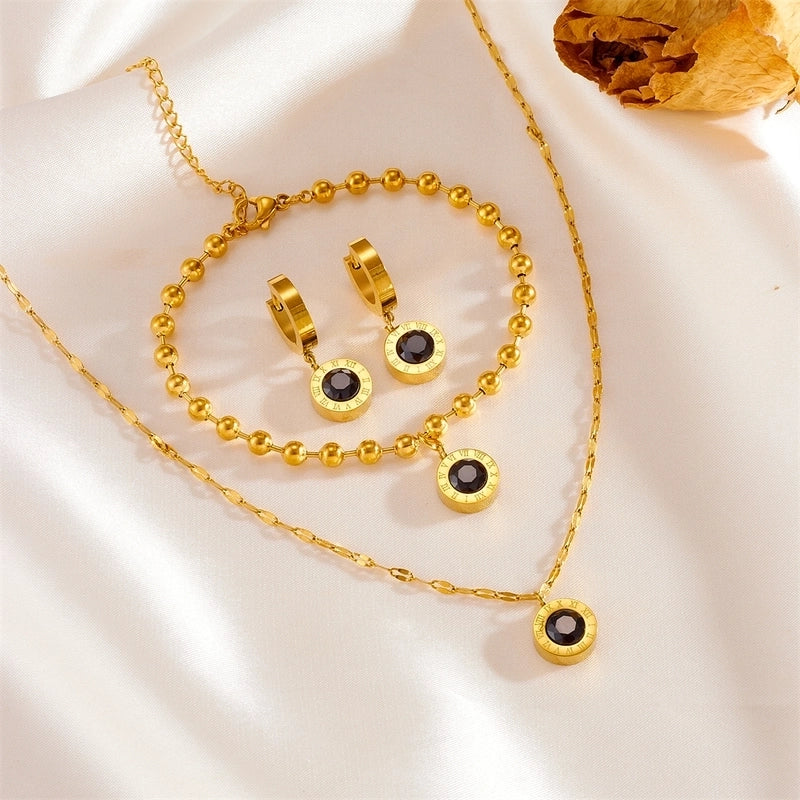 Elegant Classic Style Roman Numeral Titanium Steel Rhinestones 18K Gold Plated Inlay Jewelry Set