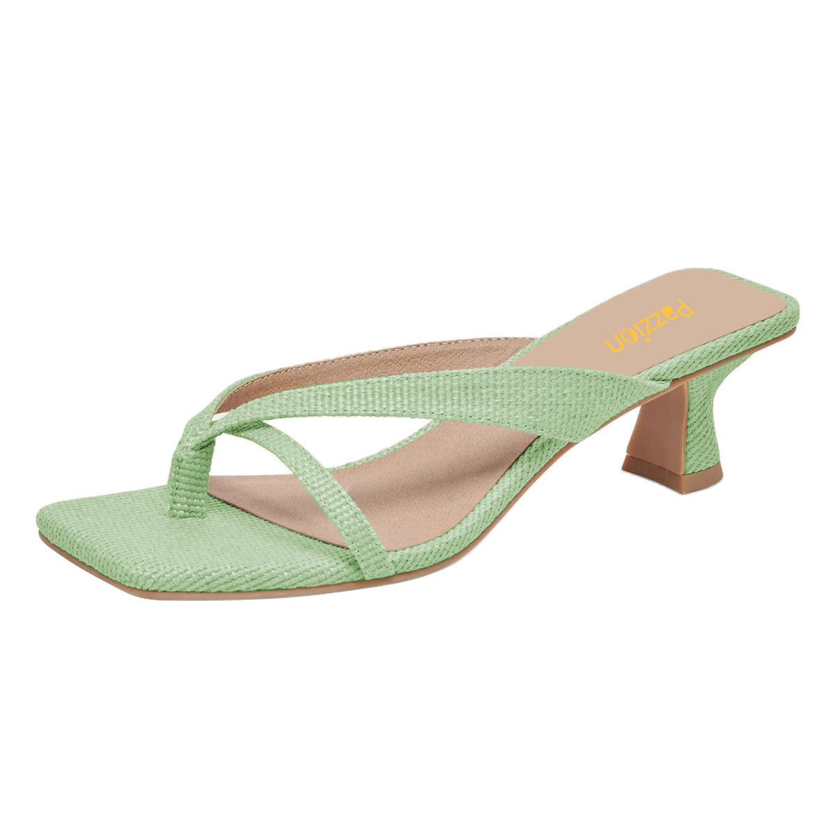 Fabric Square Toe Flared Mid Heel Green Flip Flops for Women Nicepairs