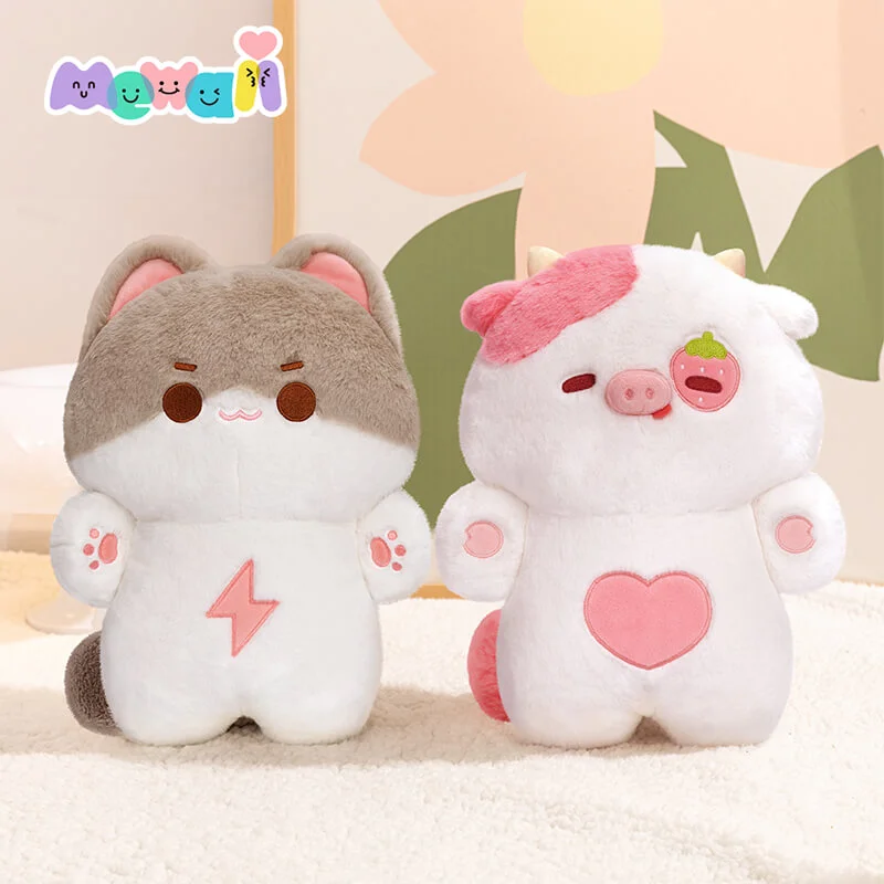 2-Pack Mewaii® Huuuug Family Squishy Strawberry Cow & Gray Kitten Plush Kawaii Pillow Plush Toy