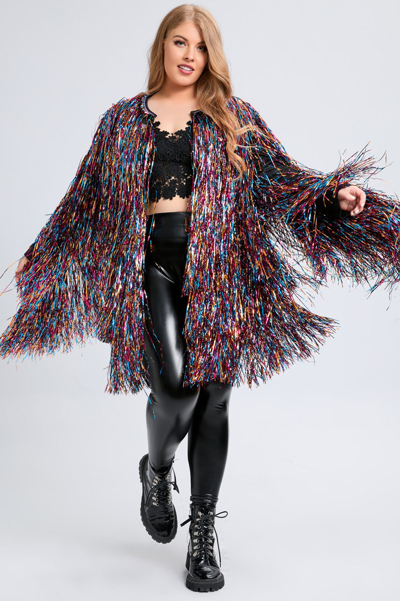Design Plus Size Party Gradual Tinsel Fringe Swing Outerwear Coat Cardigans