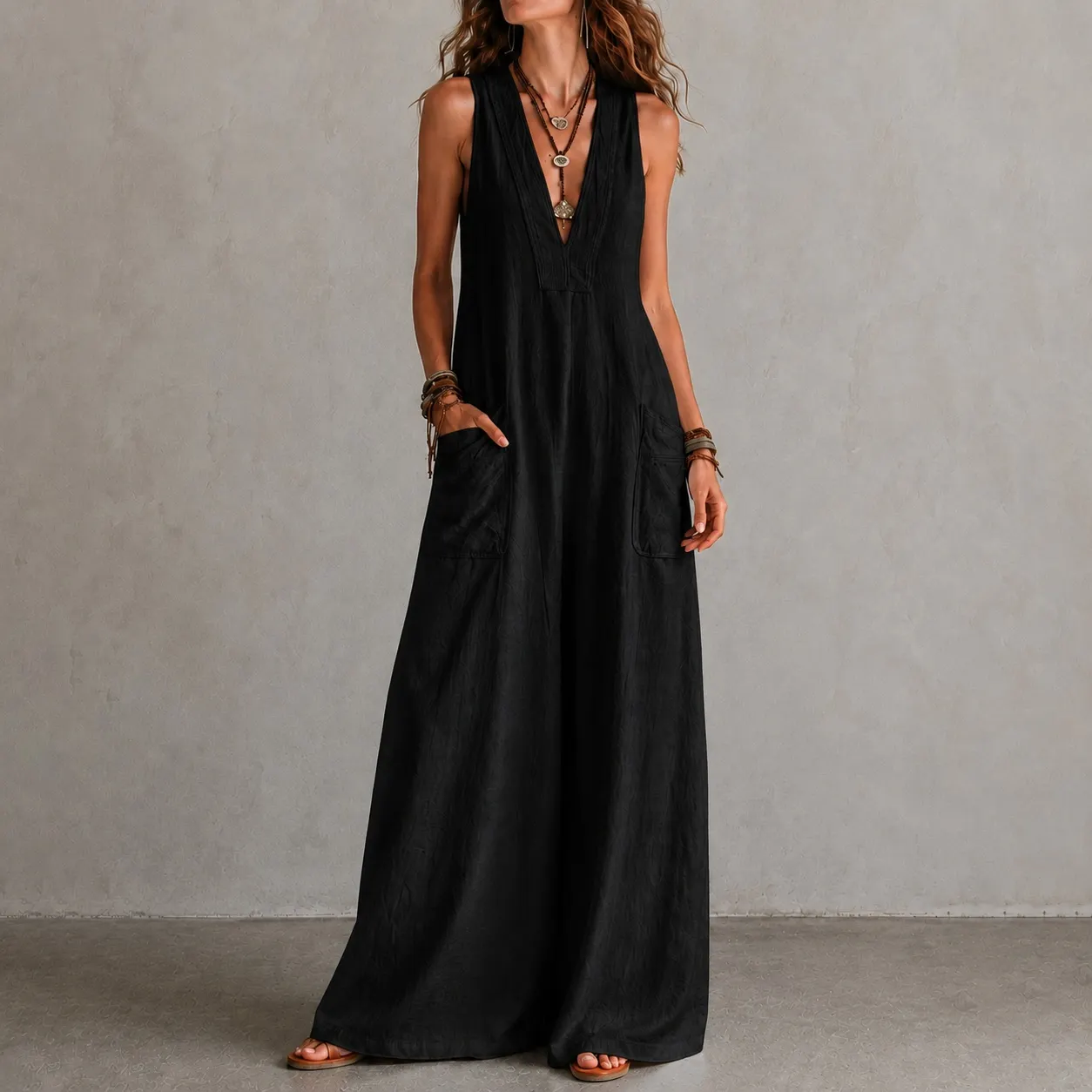 Comstylish Retro Sleeveless Solid Color V-neck Jumpsuit