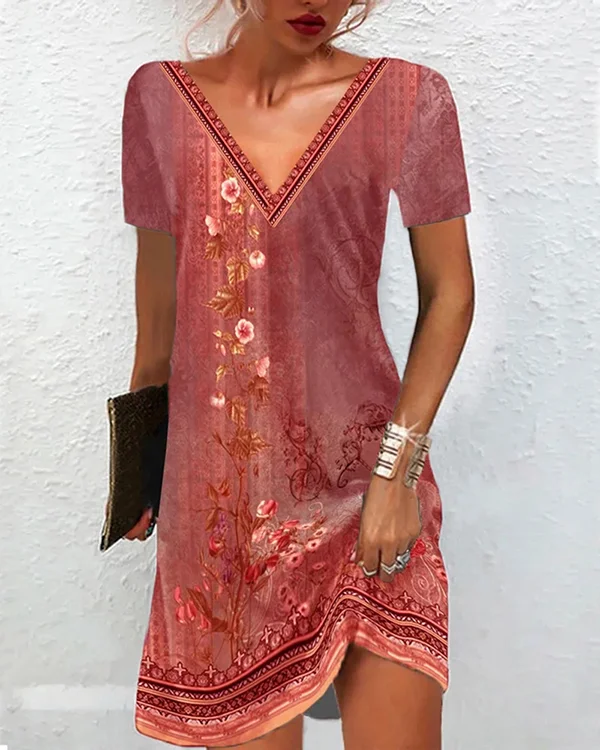 Ethnic Casual V-neck Short-sleeved Dress