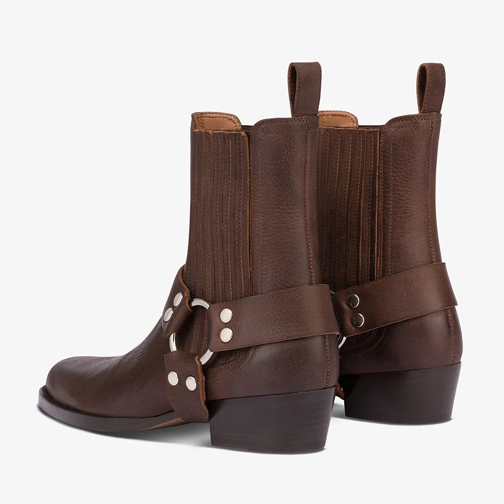 Brown Pointed Toe Chunky Heel Pull-On Ring Buckle Ankle Boots