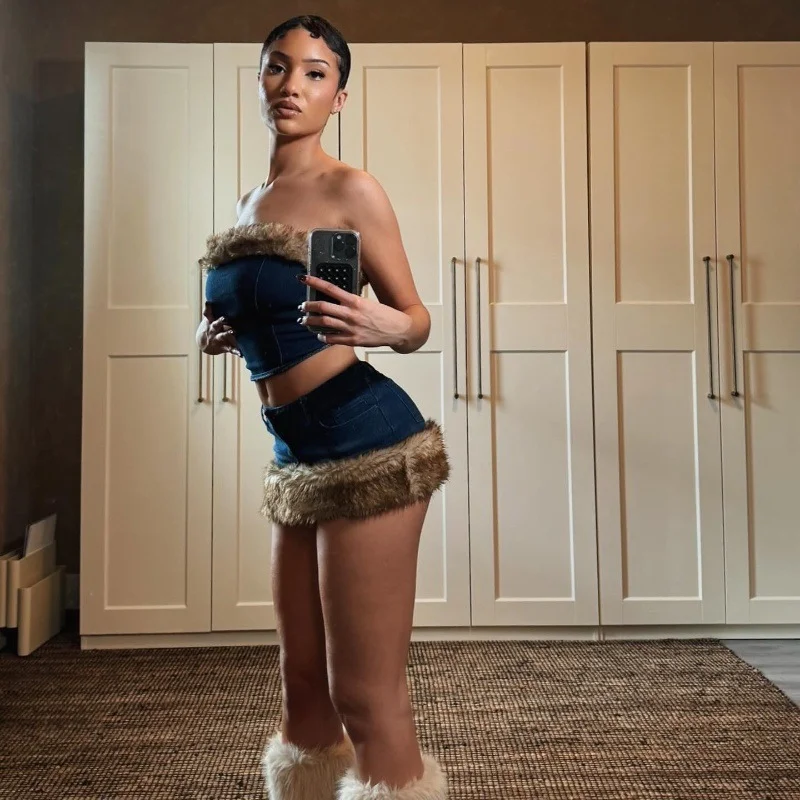 Uveng Uveng Winter New Fashion Sexy Hot Girl Retro Fur Denim Strapless Top Wrapped Buttock Skirt Suit Girl